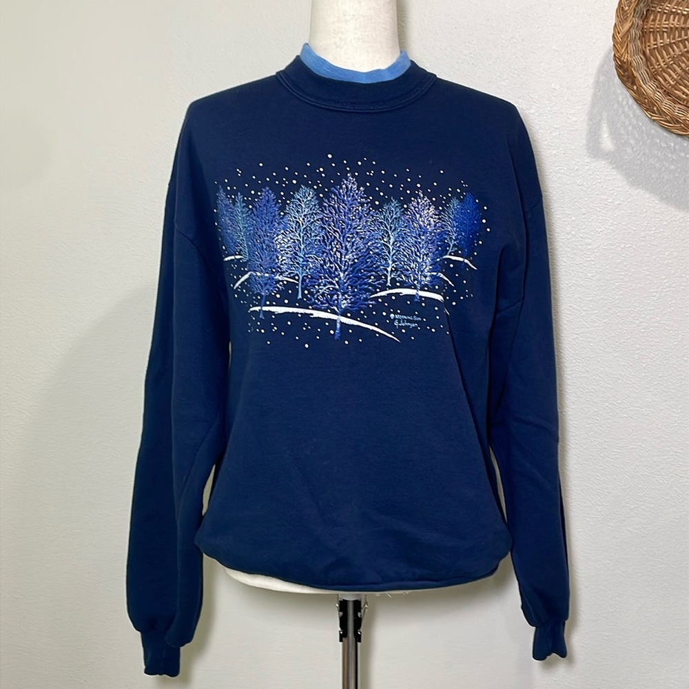 Vintage 90’s Winter Trees Christmas Crewneck Sweatshirt Granny Cottagecore Large